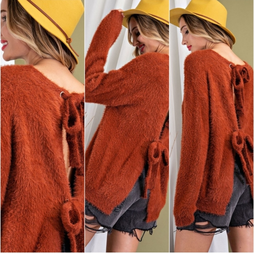 Open Back Tie Up Faux Fur Crew Neck Sweater